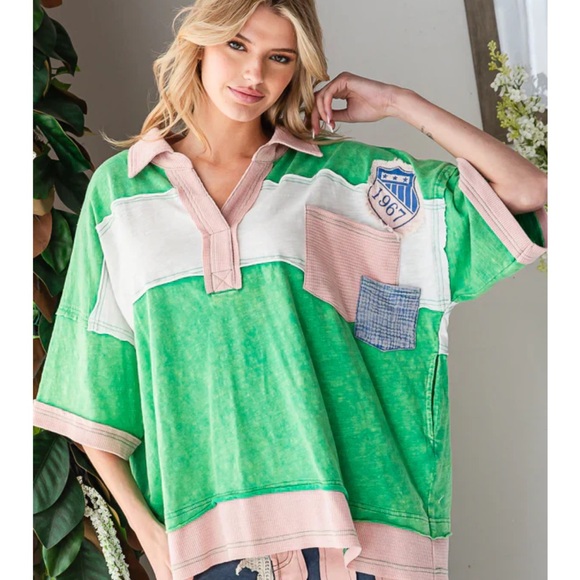 Oli & Hali Tops - Oli & Hali washed patch varsity collar Green Pink Patchwork Jersey Top